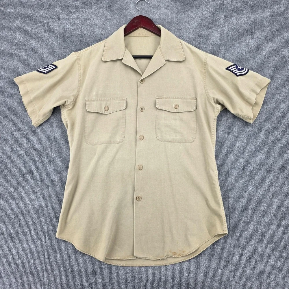 Vintage US Air Force Tan Short Sleeve Uniform Shirt Staff Sergeant Patches 15.5
